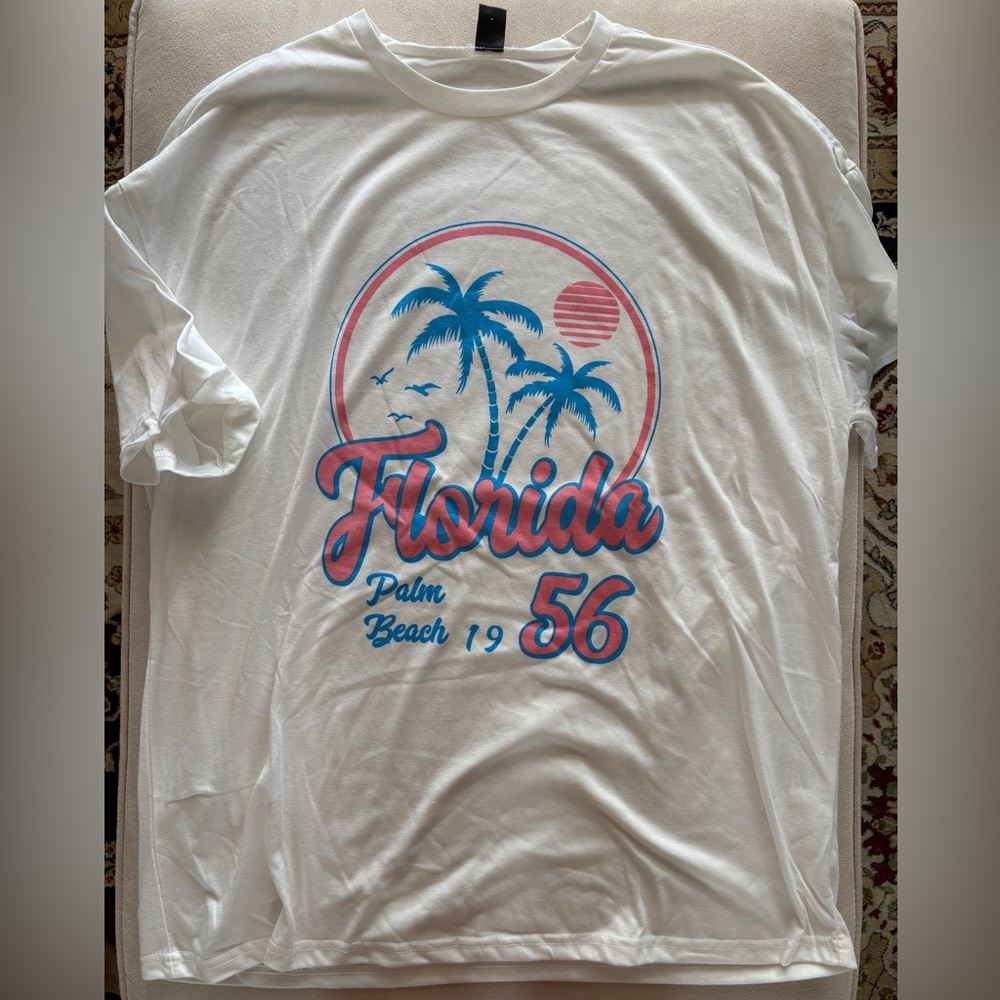 SHEIN White and Blue Short Sleeve Tees Florida with Tropical Graphics (S)